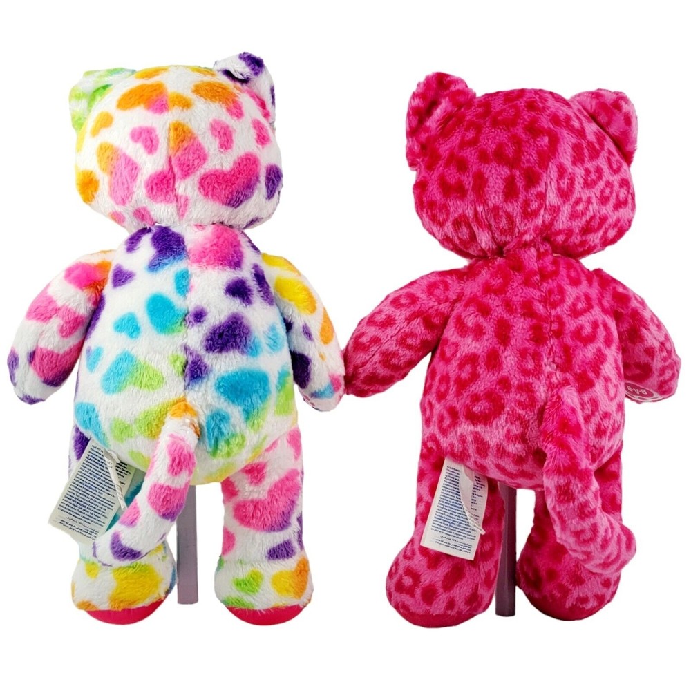 Lot of 2 Build a Bears Rainbow Hearts Kitty Cat & Hot Pink Leopard Stuffed Plush - Picture 4 of 15